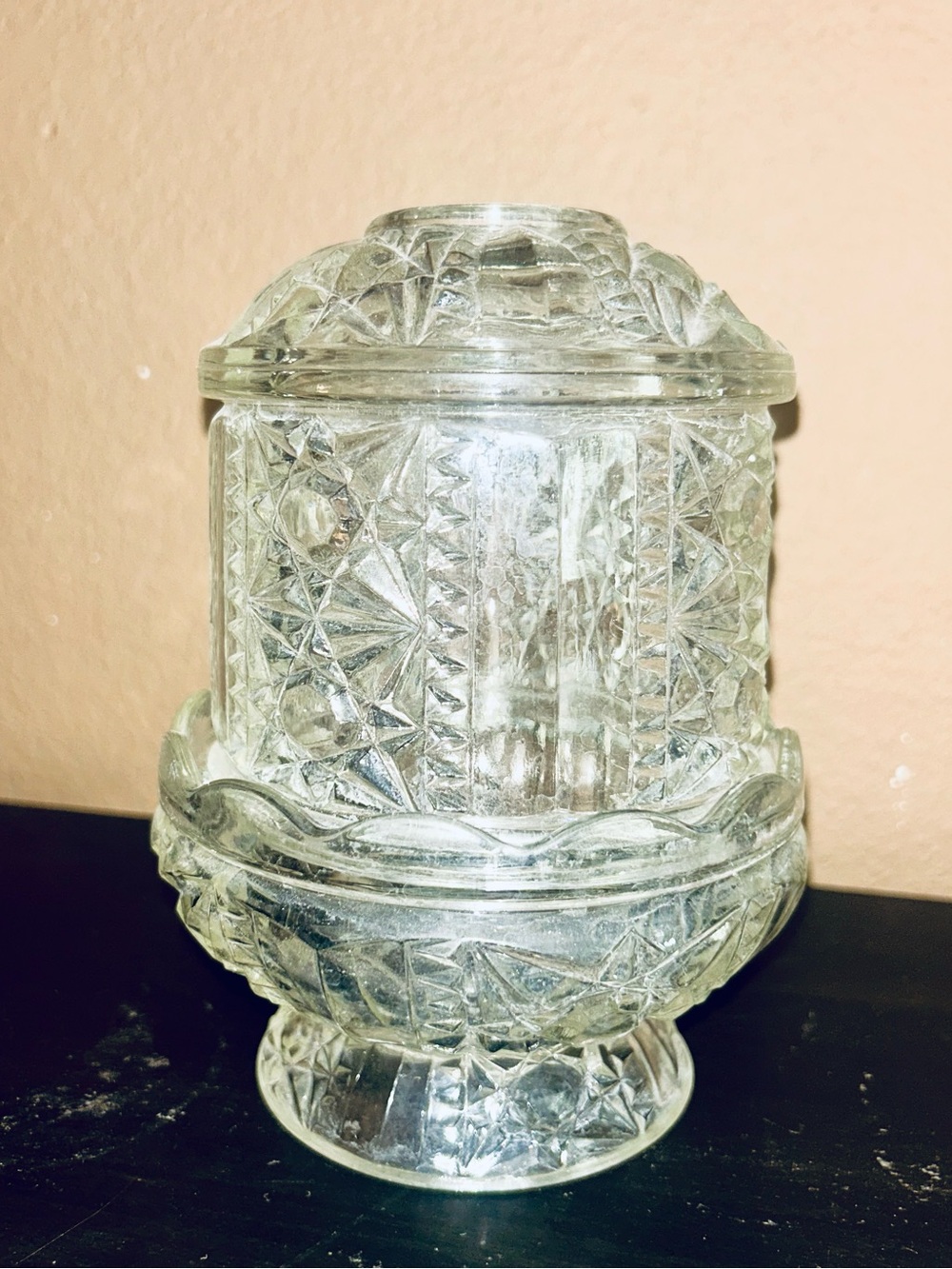 Indiana Glass Stars & Bars Fairy Lamp Candle Holder Pedestal Clear Vtg MCM